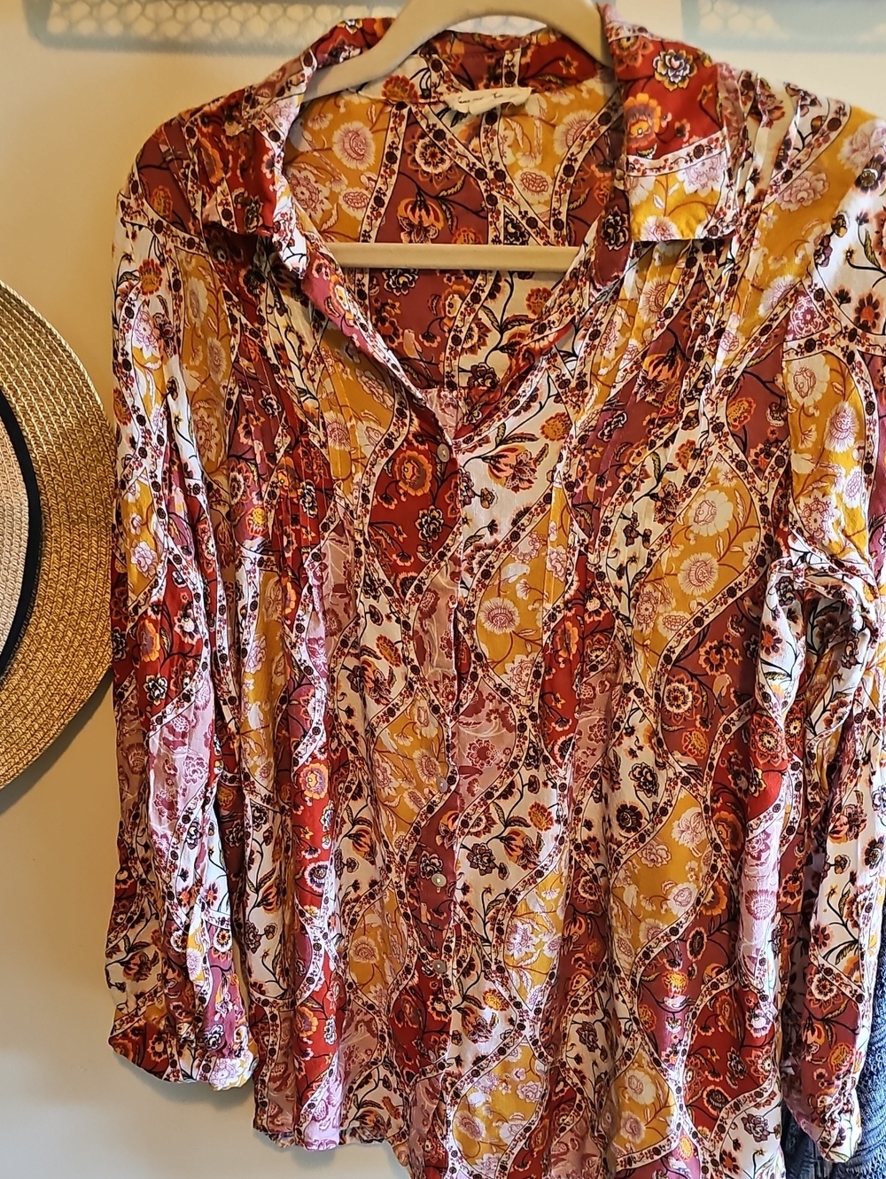 Jane and Delancey Multicolor Paisley Button-Down Shirt - Rust, Mustard, Cream